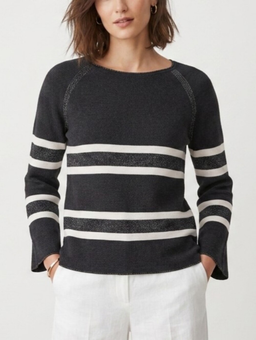 Black-White-Metallic Striped Fitted Pullover Sweater Knit Top